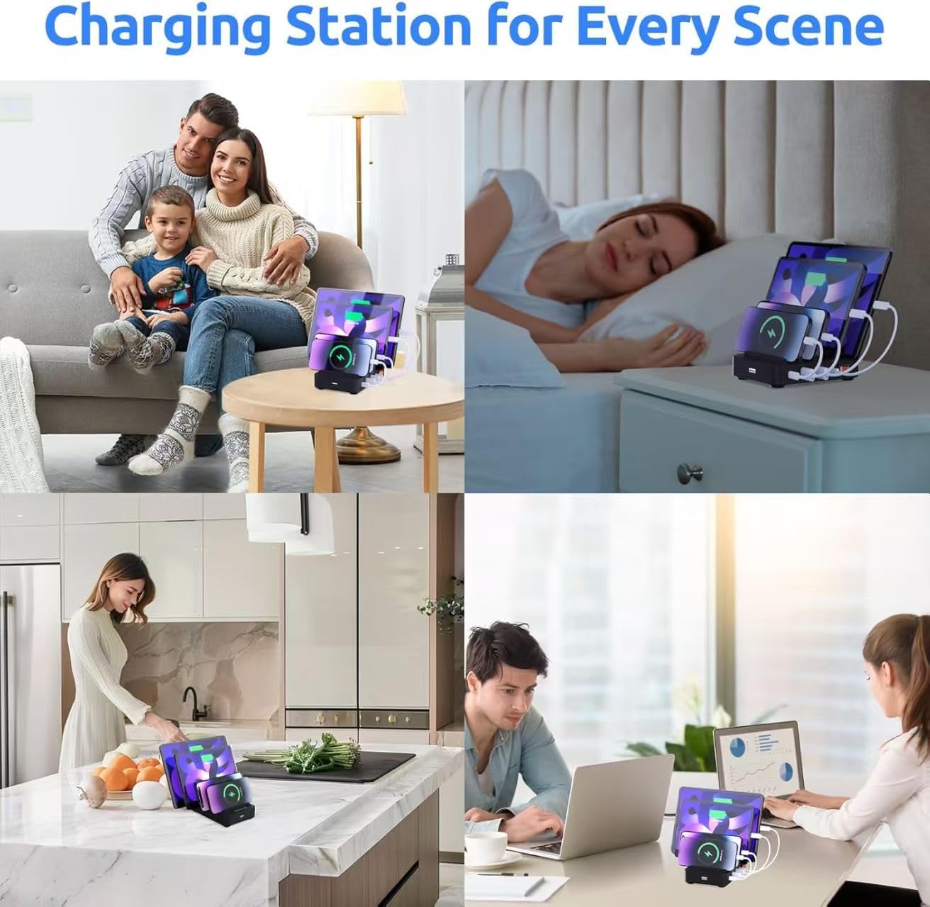 4-Port Charging Station for Multiple Devices, USB Charging Dock - UL & FCC Certified Charging Station Organizer, Compatible with Cell Phones, iPads, Kindle Tablets, and Other Electronics (Black) - Image 3