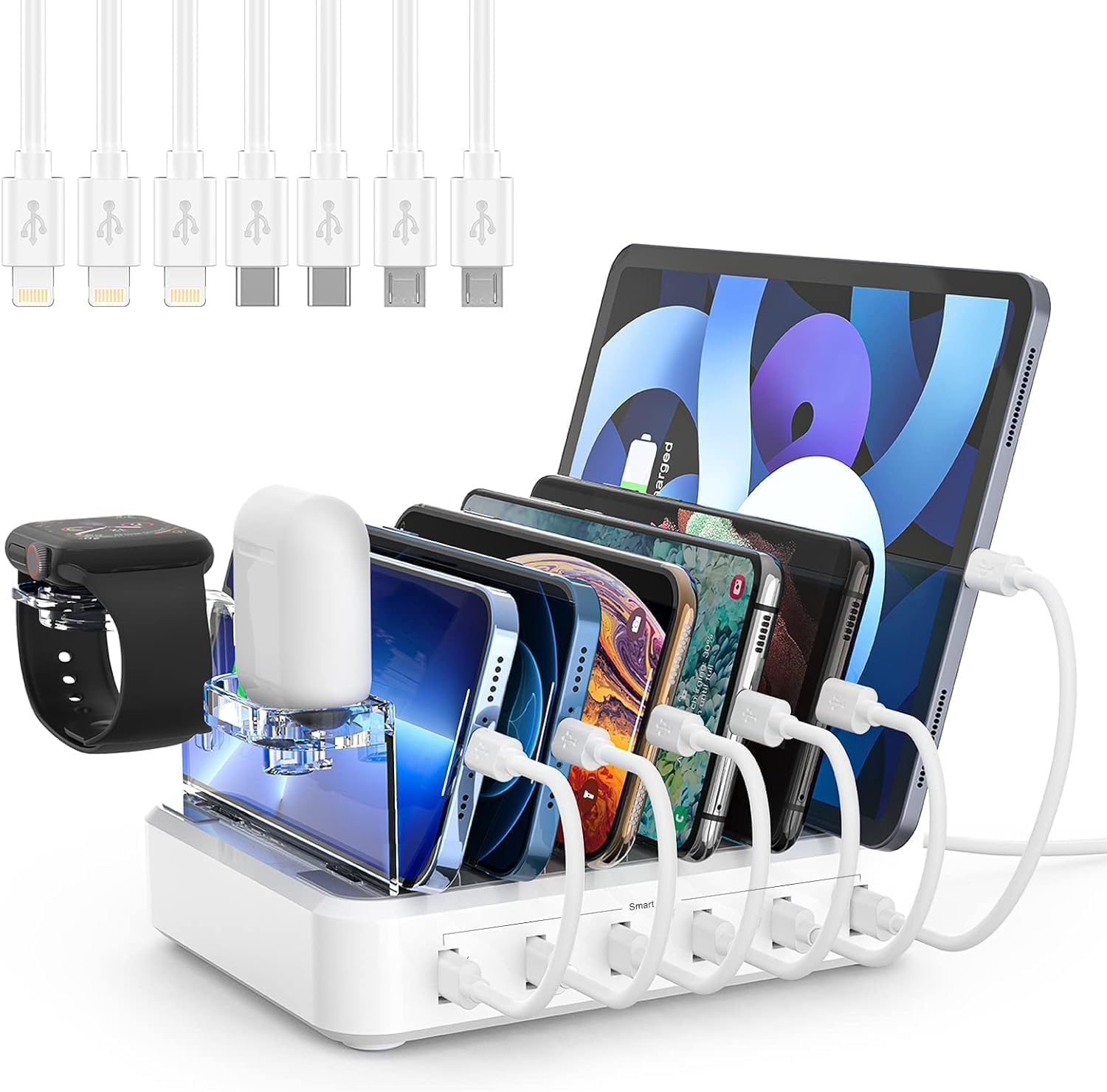 Charging Station for Multiple Devices,60W 6 Port Charger Station with 7 Mixed Charging Cables,USB Charging Dock,Compatible with Cellphone,Tablet, Kindle, iPhone iPad and More (White) - Image 8