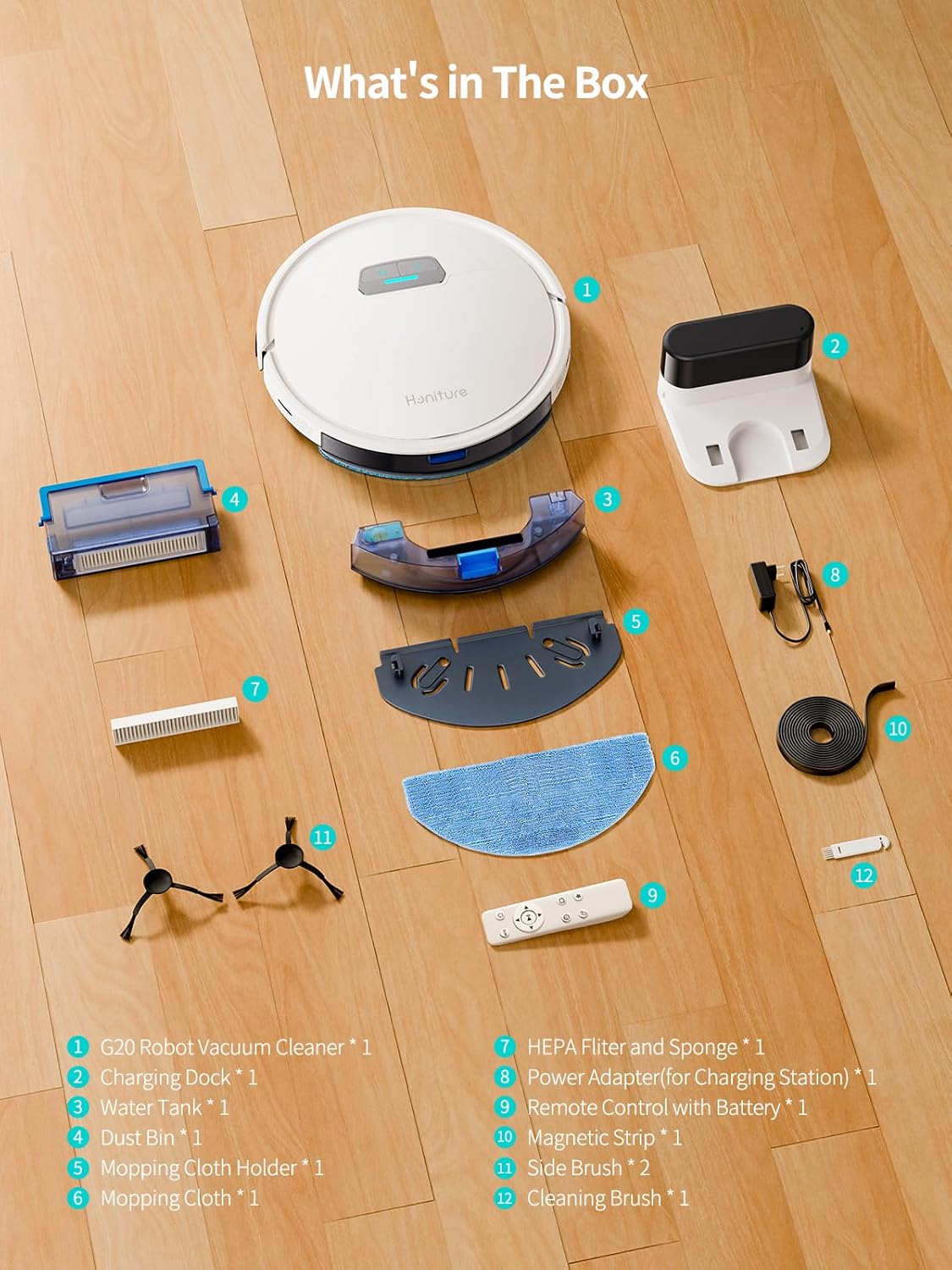 HONITURE Robot Vacuum and Mop Combo, 4000pa Strong Suction, G20 Robot Vacuum Cleaner with Self-Charging, 150Mins Max, App&Remote&Voice Control, Super-Slim, Ideal for Pet Hair - Image 7