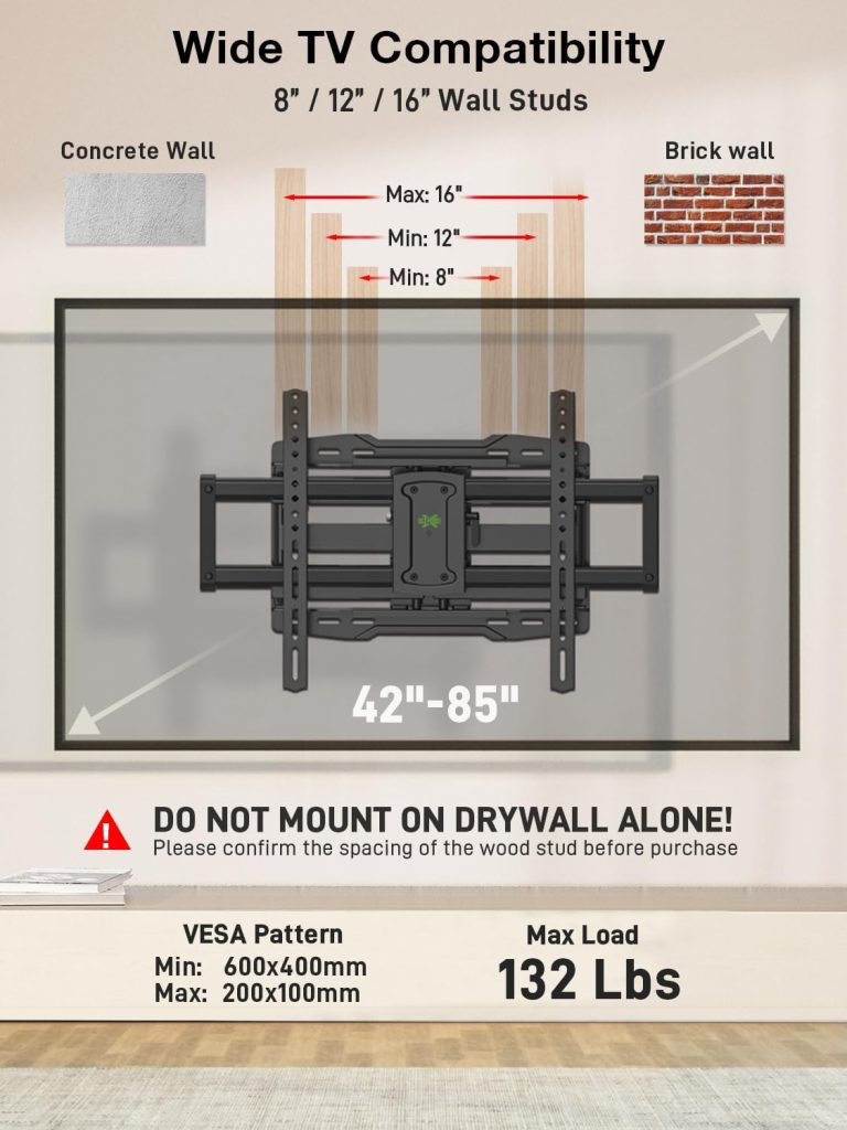 USX Mount UL Listed Full Motion TV Wall Mount for Most 42-85 inch, TV Mount Swivel and Tilt,Wall Mount Bracket with Dual Articulating Arms Up to 132lbs, VESA 600x400mm, 16″ Wood Studs, XML019